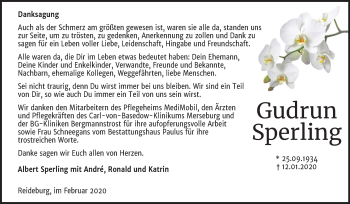Traueranzeige von Gudrun Sperling von Mitteldeutsche Zeitung Halle/Saalkreis