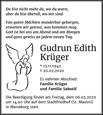 Traueranzeige von Gudrun Edith Krüger von Super Sonntag Merseburg/Querfurt