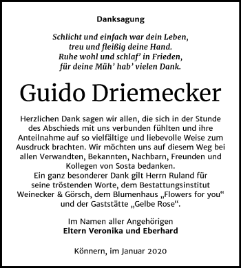 Traueranzeige von Guido Driemecker von Super Sonntag Bernburg