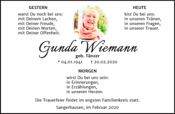 Traueranzeige von Gunda Wiemann von Super Sonntag Sangerhausen