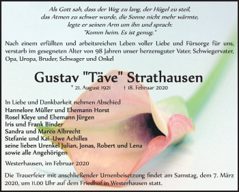 Traueranzeige von Gustav Strathausen von Super Sonntag Quedlinburg