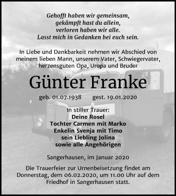 Traueranzeige von Günter Franke von Super Sonntag Sangerhausen