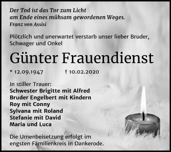 Traueranzeige von Günter Frauendienst von Mitteldeutsche Zeitung Quedlinburg