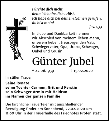 Traueranzeige von Günter Jubel von Mitteldeutsche Zeitung Zeitz
