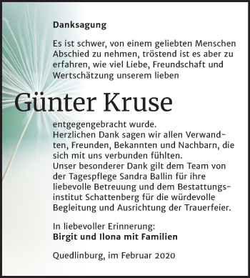 Traueranzeige von Günter Kruse von Mitteldeutsche Zeitung Quedlinburg