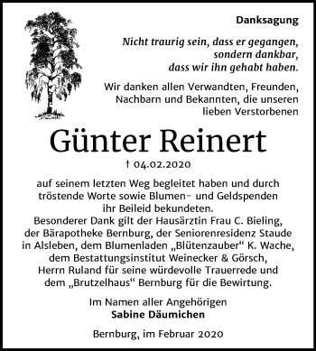 Traueranzeige von Günter Reinert von Mitteldeutsche Zeitung Bernburg