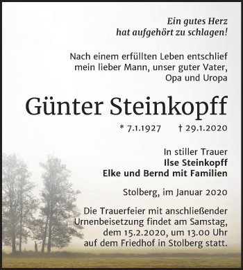Traueranzeige von Günter Steinkopff von Mitteldeutsche Zeitung Sangerhausen