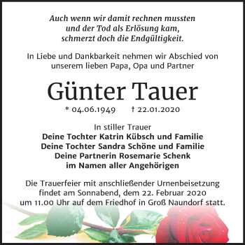 Traueranzeige von Günter Tauer von Super Sonntag Wittenberg