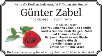 Traueranzeige von Günter Zabel von Super Sonntag Dessau-Roßlau