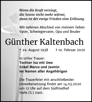 Traueranzeige von Günther Kaltenbach von Mitteldeutsche Zeitung Halle/Saalkreis