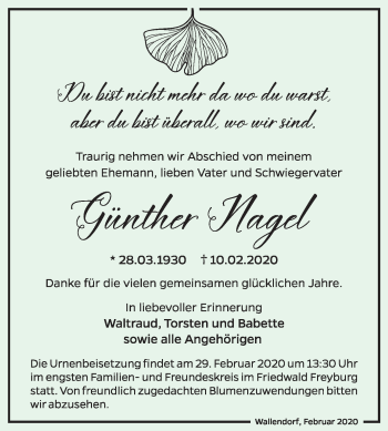 Traueranzeige von Günther Nagel von Mitteldeutsche Zeitung Merseburg/Querfurt