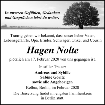Traueranzeige von Hagen Nolte von Mitteldeutsche Zeitung Sangerhausen
