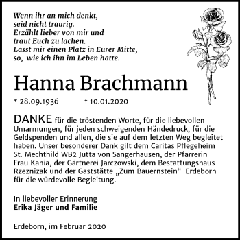 Traueranzeige von Hanna Brachmann von Mitteldeutsche Zeitung Mansfelder Land