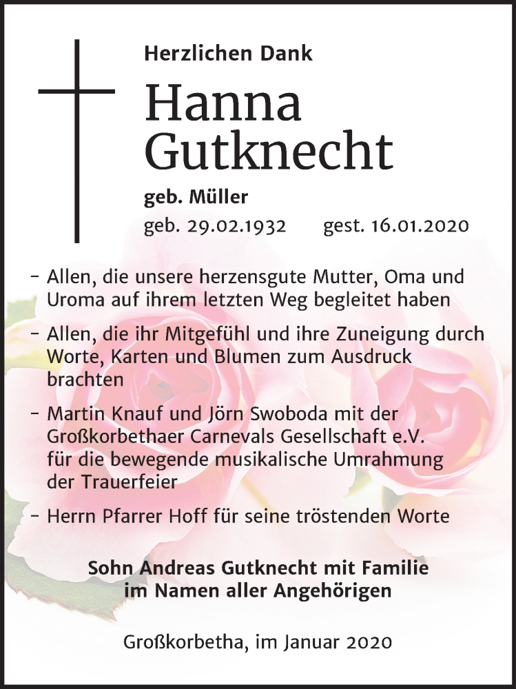  Traueranzeige für Hanna Gutknecht vom 05.02.2020 aus Wochenspiegel Weißenfels