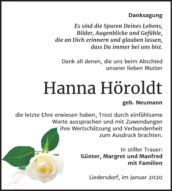 Traueranzeige von Hanna Höroldt von Super Sonntag Sangerhausen