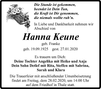 Traueranzeige von Hanna Keune von Super Sonntag Quedlinburg
