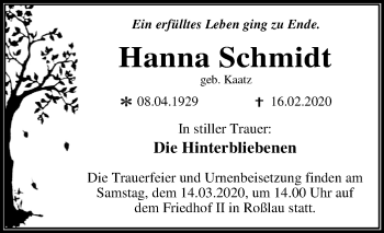 Traueranzeige von Hanna Schmidt von Mitteldeutsche Zeitung Dessau-Roßlau