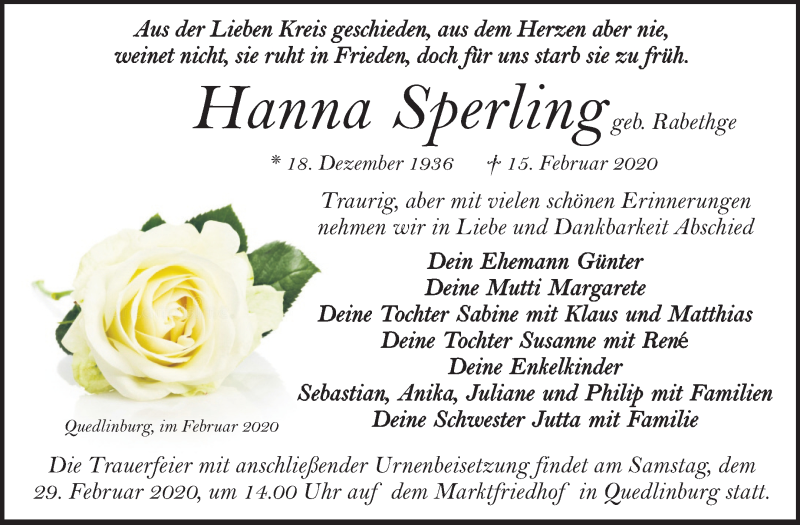  Traueranzeige für Hanna Sperling vom 22.02.2020 aus Mitteldeutsche Zeitung Quedlinburg