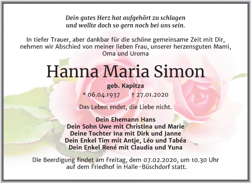  Traueranzeige für Hanna Maria Simon vom 01.02.2020 aus Mitteldeutsche Zeitung Halle/Saalkreis