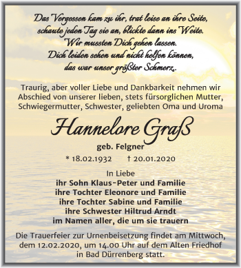 Traueranzeige von Hannelore Graß von Super Sonntag Merseburg/Querfurt
