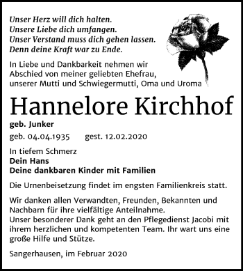 Traueranzeige von Hannelore Kirchhof von Wochenspiegel Sangerhausen