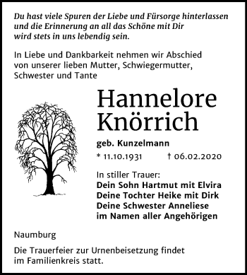 Traueranzeige von Hannelore Knörrich von Wochenspiegel Naumburg/Nebra