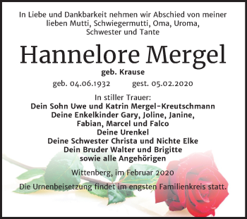 Traueranzeige von Hannelore Mergel von Mitteldeutsche Zeitung Wittenberg