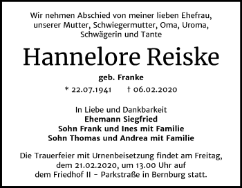 Traueranzeige von Hannelore Reiske von Super Sonntag Bernburg