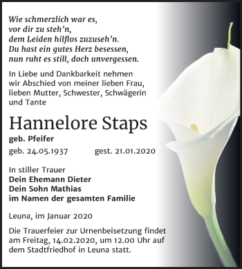 Traueranzeige von Hannelore Staps von Wochenspiegel Merseburg/Querfurt