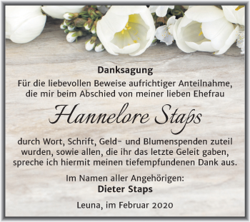 Traueranzeige von Hannelore Staps von Super Sonntag Merseburg/Querfurt