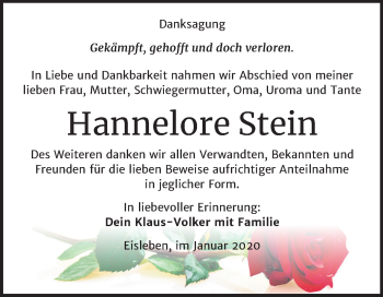 Traueranzeige von Hannelore Stein von Wochenspiegel Mansfelder Land