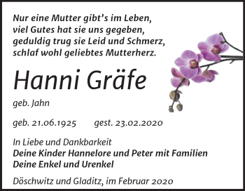 Traueranzeige von Hanni Gräfe von Mitteldeutsche Zeitung Zeitz