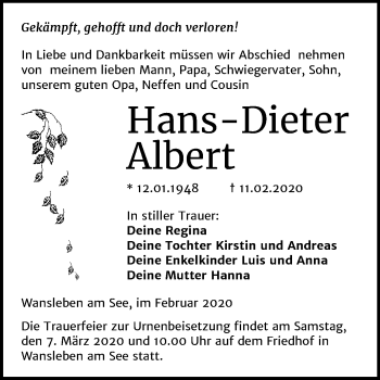 Traueranzeige von Hans-Dieter Albert von Wochenspiegel Mansfelder Land