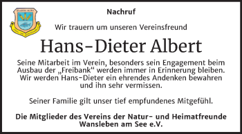Traueranzeige von Hans-Dieter Albert von Mitteldeutsche Zeitung Mansfelder Land