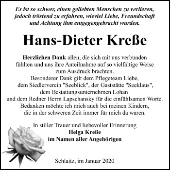 Traueranzeige von Hans-Dieter Kreße von Wochenspiegel Bitterfeld