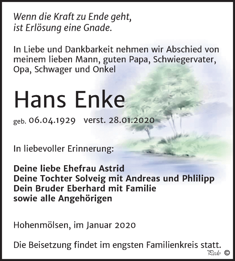  Traueranzeige für Hans Enke vom 08.02.2020 aus Mitteldeutsche Zeitung Weißenfels