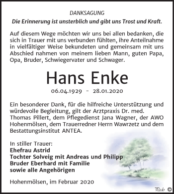 Traueranzeige von Hans Enke von Mitteldeutsche Zeitung Weißenfels