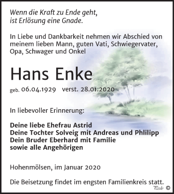 Traueranzeige von Hans Enke von Wochenspiegel Weißenfels