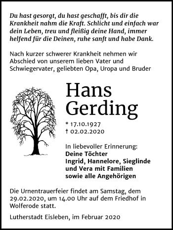 Traueranzeige von Hans Gerding von Wochenspiegel Mansfelder Land