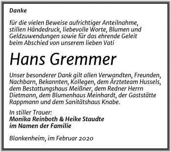 Traueranzeige von Hans Gremmer von Wochenspiegel Sangerhausen