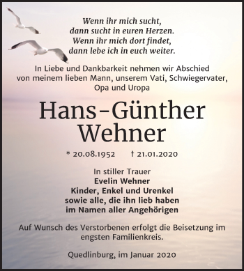 Traueranzeige von Hans-Günther Wehner von Mitteldeutsche Zeitung Quedlinburg