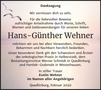 Traueranzeige von Hans-Günther Wehner von Super Sonntag Quedlinburg