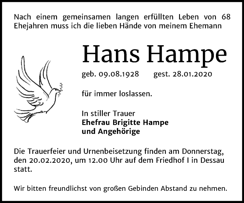  Traueranzeige für Hans Hampe vom 08.02.2020 aus Mitteldeutsche Zeitung Dessau-Roßlau