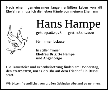 Traueranzeige von Hans Hampe von Mitteldeutsche Zeitung Dessau-Roßlau