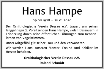 Traueranzeige von Hans Hampe von Mitteldeutsche Zeitung Dessau-Roßlau