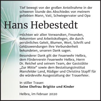 Traueranzeige von Hans Hebestedt von Mitteldeutsche Zeitung Mansfelder Land