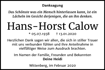Traueranzeige von Hans-Horst Calow von Super Sonntag Wittenberg