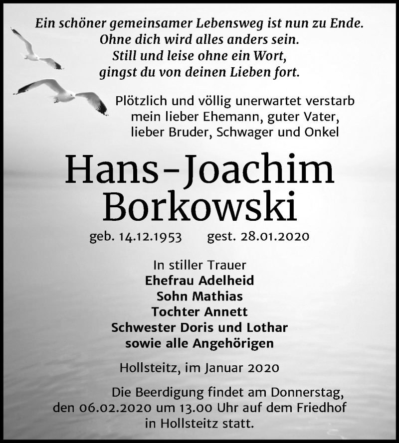  Traueranzeige für Hans-Joachim Borkowski vom 01.02.2020 aus Mitteldeutsche Zeitung Zeitz