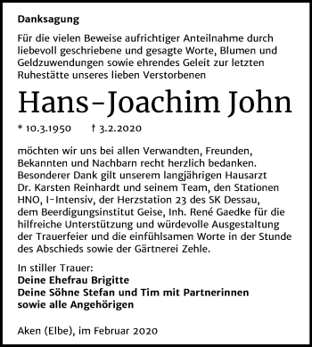 Traueranzeige von Hans-Joachim John von Mitteldeutsche Zeitung Köthen