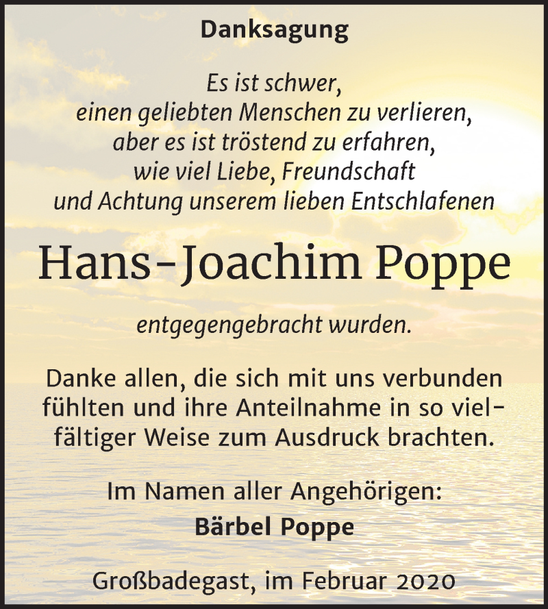  Traueranzeige für Hans-Joachim Poppe vom 26.02.2020 aus Mitteldeutsche Zeitung Köthen